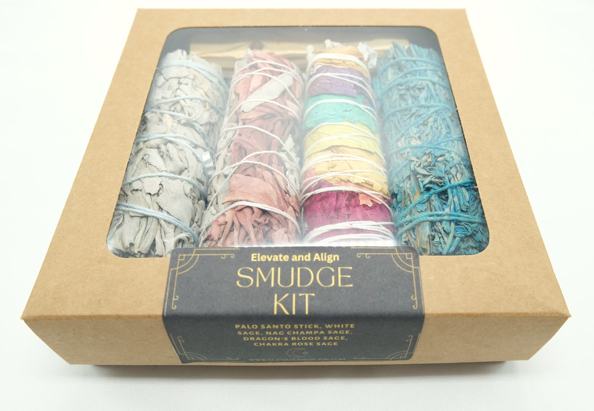 Palo Santo and White Sage Smudge Kit | Includes Nag Champa Sage, Dragons Blood Sage, 7 Chakra Rose Sage