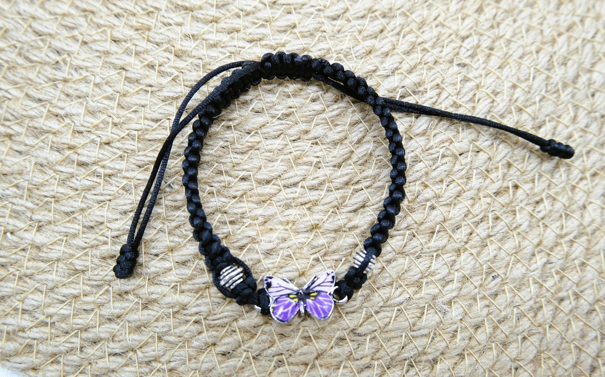 Pink and Purple Butterfly Braided Adjustable Bracelet