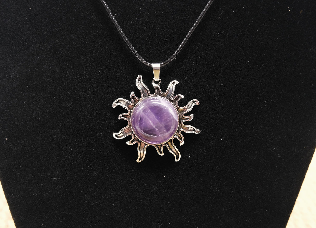 Necklace With Purple Amethyst Flame Sun Charm