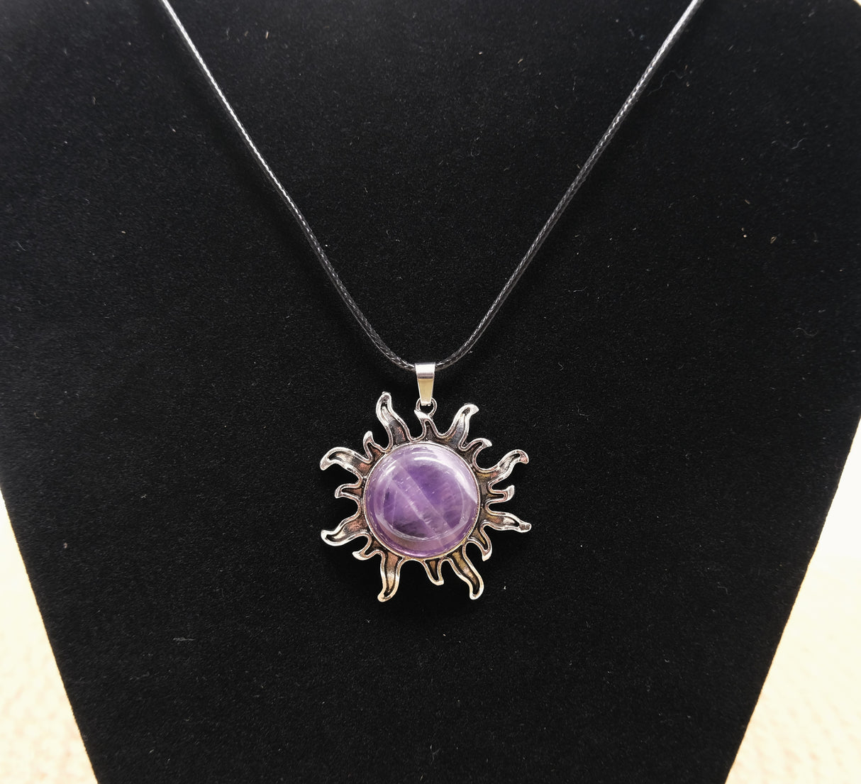 Necklace With Purple Amethyst Flame Sun Charm