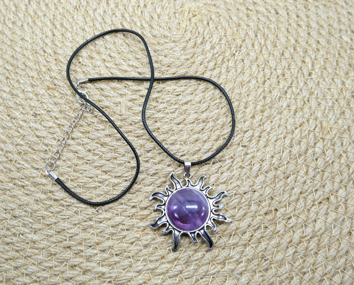 Necklace With Purple Amethyst Flame Sun Charm