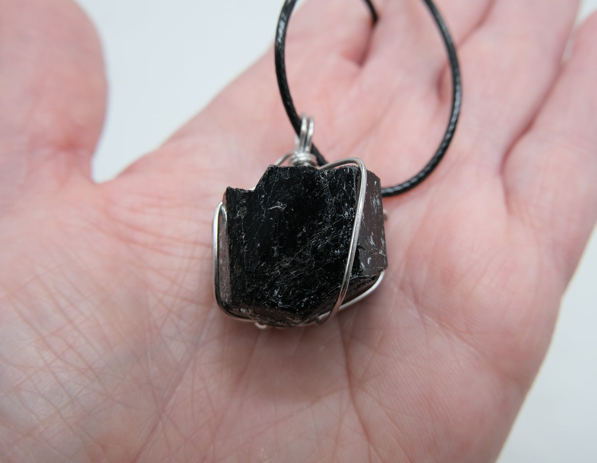 Raw Black Tourmaline Wire Wrapped Pendant Necklace | Rough Natural Tourmaline Pendant