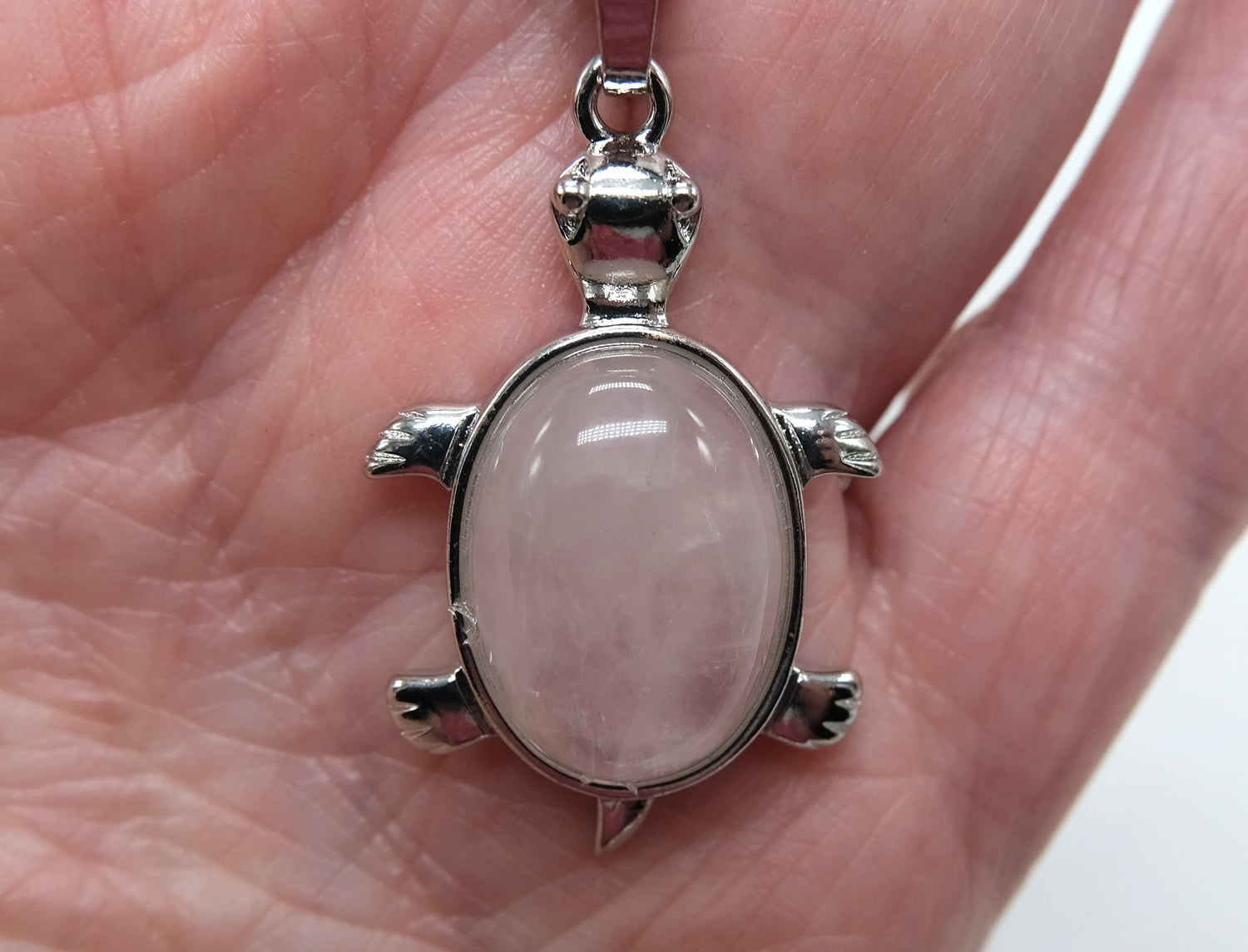 Rose Quartz Turtle Pendant 16 Inch Rhodium Plated Necklace