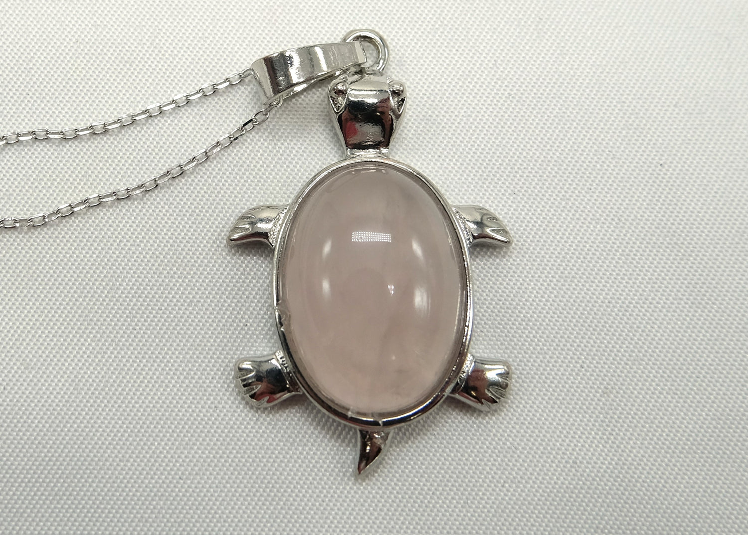 Rose Quartz Turtle Pendant 16 Inch Rhodium Plated Necklace