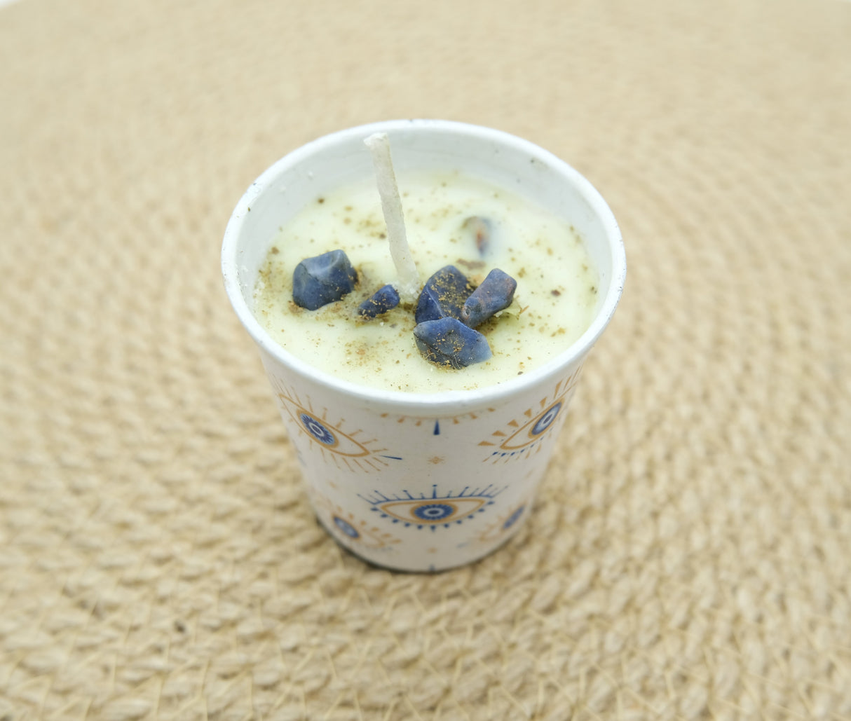 Evil Eye Scented Candle with Herbs and Lapis Lazuli Crystals | Reiki Charged