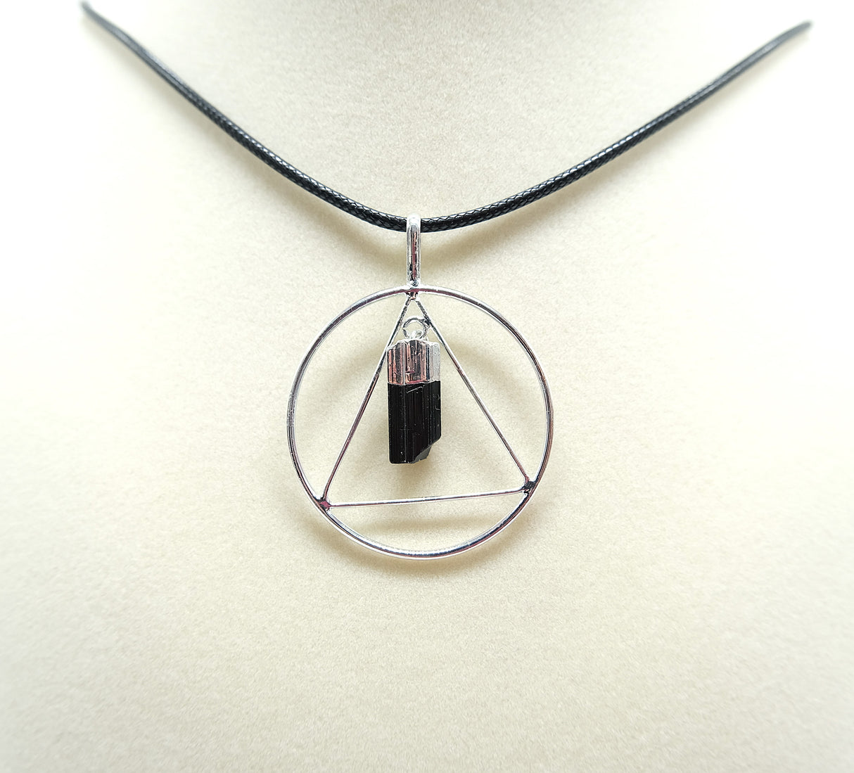 Black Tourmaline Point Triangle Silver Pendant Necklace
