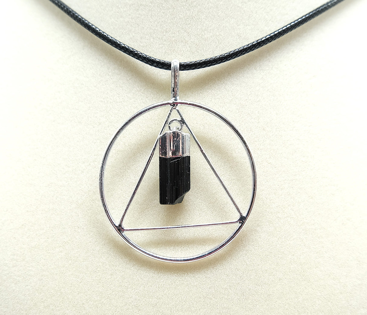 Black Tourmaline Point Triangle Silver Pendant Necklace