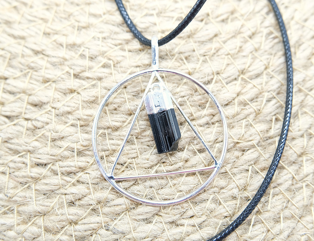 Black Tourmaline Point Triangle Silver Pendant Necklace