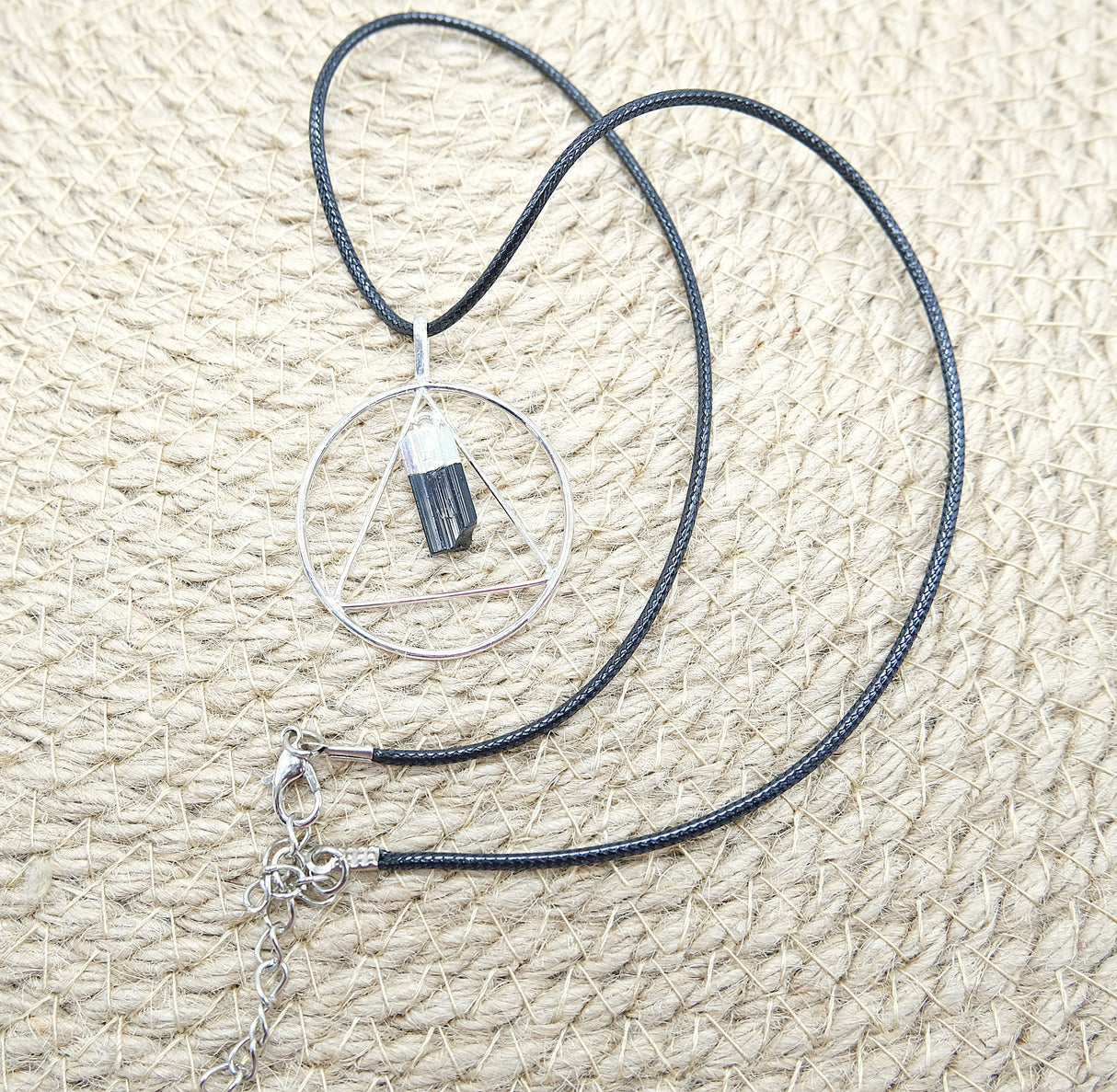 Black Tourmaline Point Triangle Silver Pendant Necklace