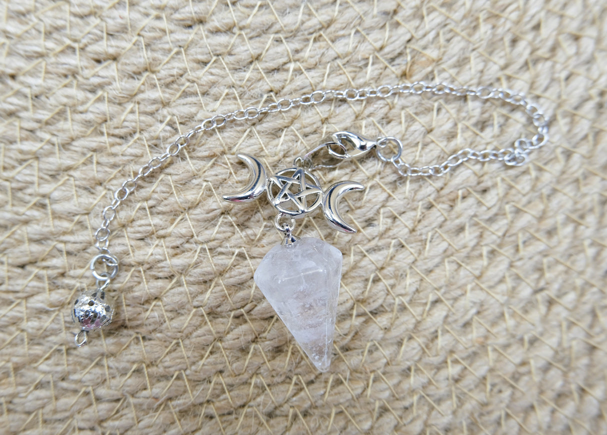 Triple Moon Goddess Clear Quartz Pendulum