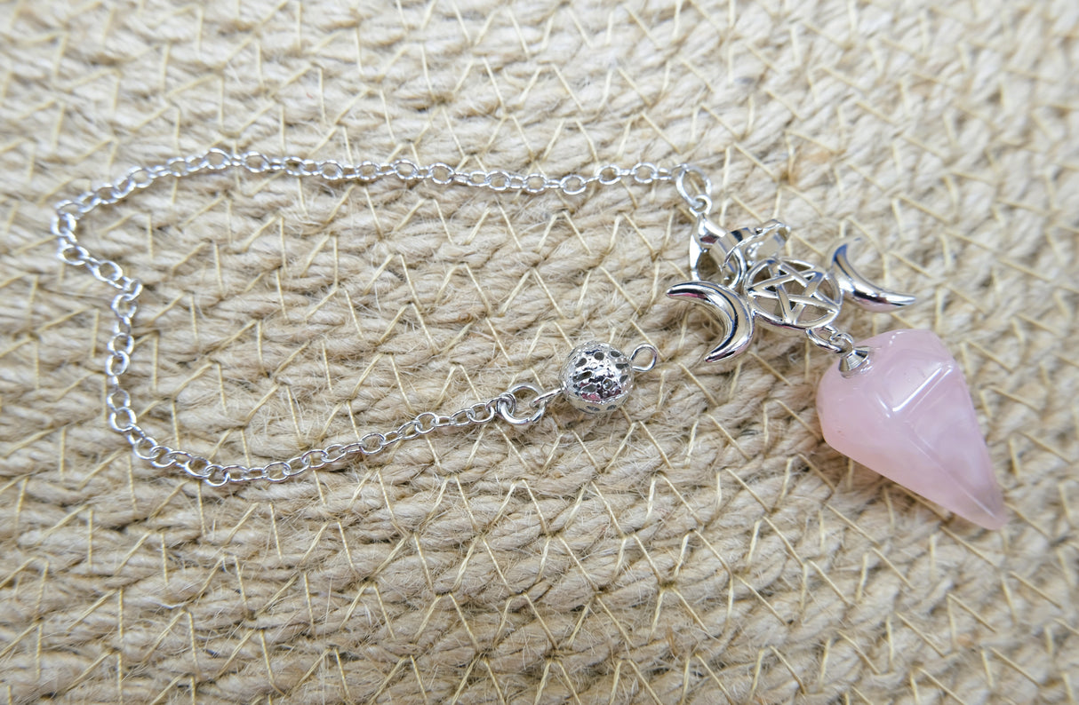 Triple Moon Goddess Rose Quartz Pendulum