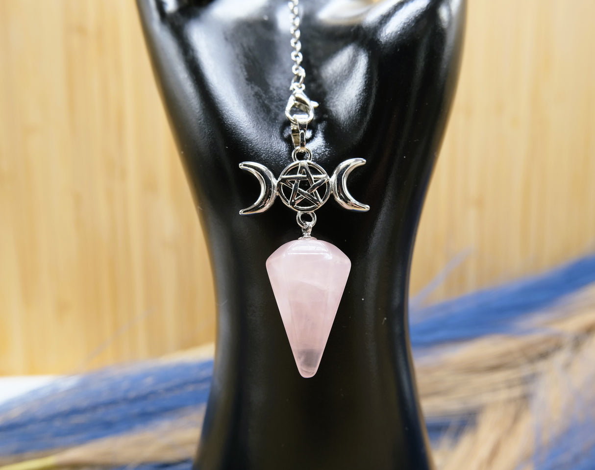 Triple Moon Goddess Rose Quartz Pendulum
