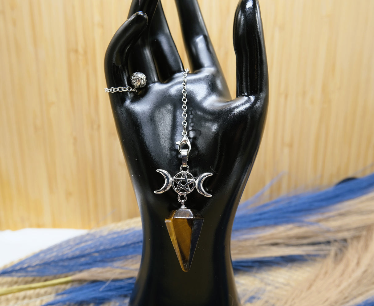 Triple Moon Goddess Tiger Eye Pendulum