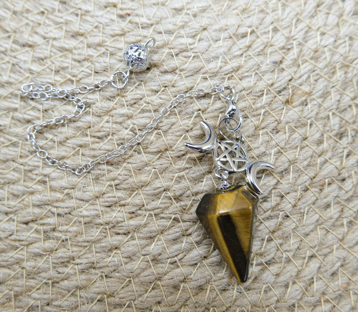 Triple Moon Goddess Tiger Eye Pendulum
