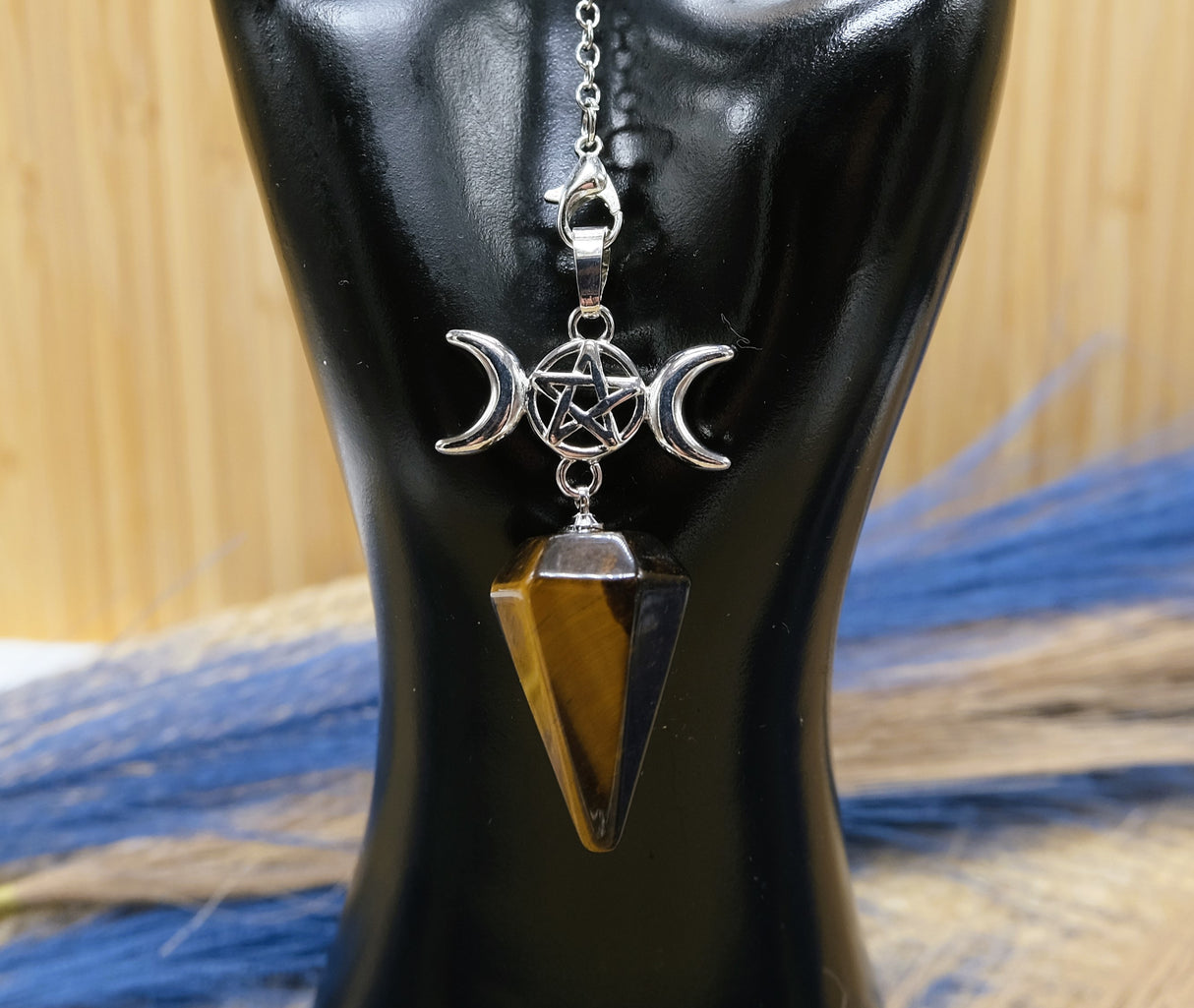 Triple Moon Goddess Tiger Eye Pendulum