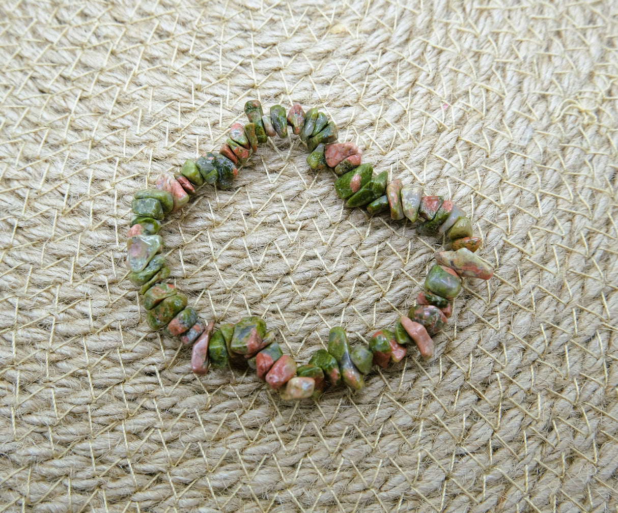 Natural Unakite Gemstone Chip Stretch Bracelet