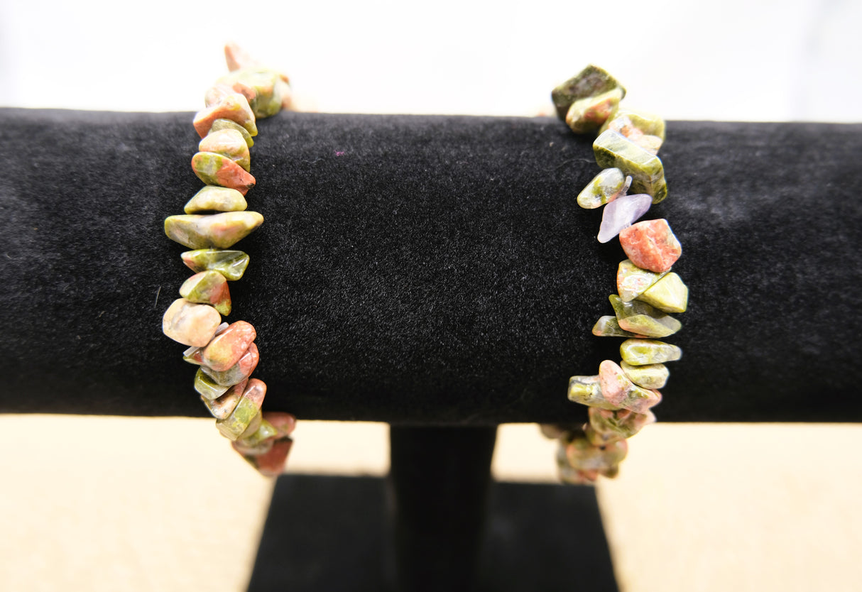 Natural Unakite Gemstone Chip Stretch Bracelet