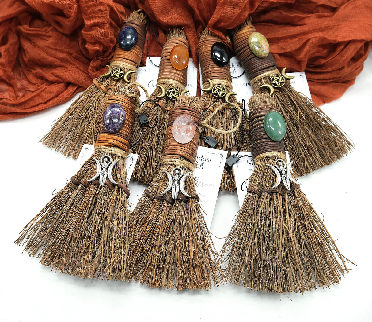 Crystal Witch Broom Besom, Moon Goddess Or Triple Moon Pentacle