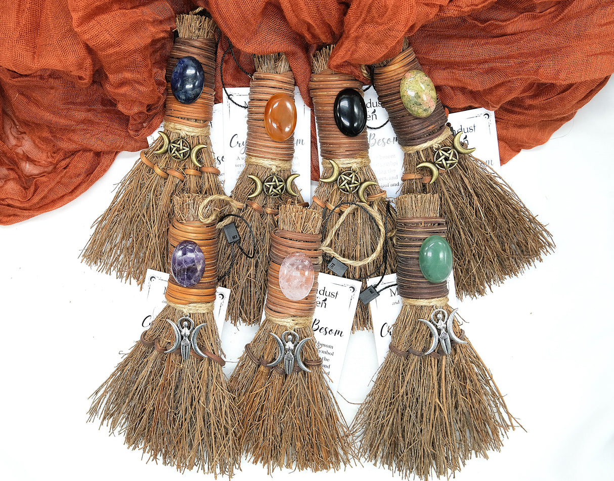 Crystal Witch Broom Besom, Moon Goddess Or Triple Moon Pentacle