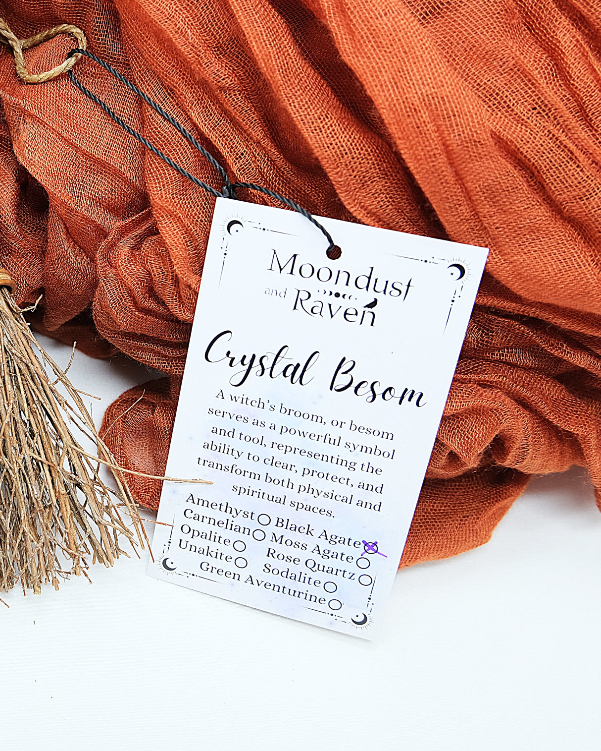 Crystal Witch Broom Besom, Moon Goddess Or Triple Moon Pentacle