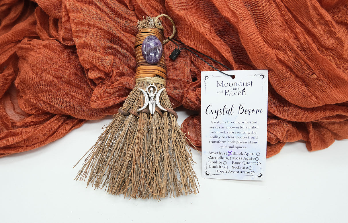 Crystal Witch Broom Besom, Moon Goddess Or Triple Moon Pentacle