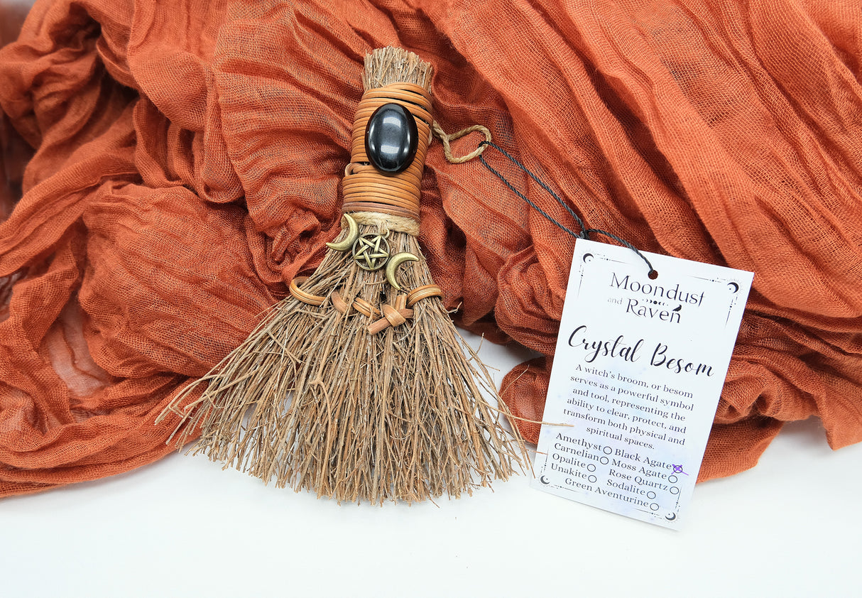 Crystal Witch Broom Besom, Moon Goddess Or Triple Moon Pentacle