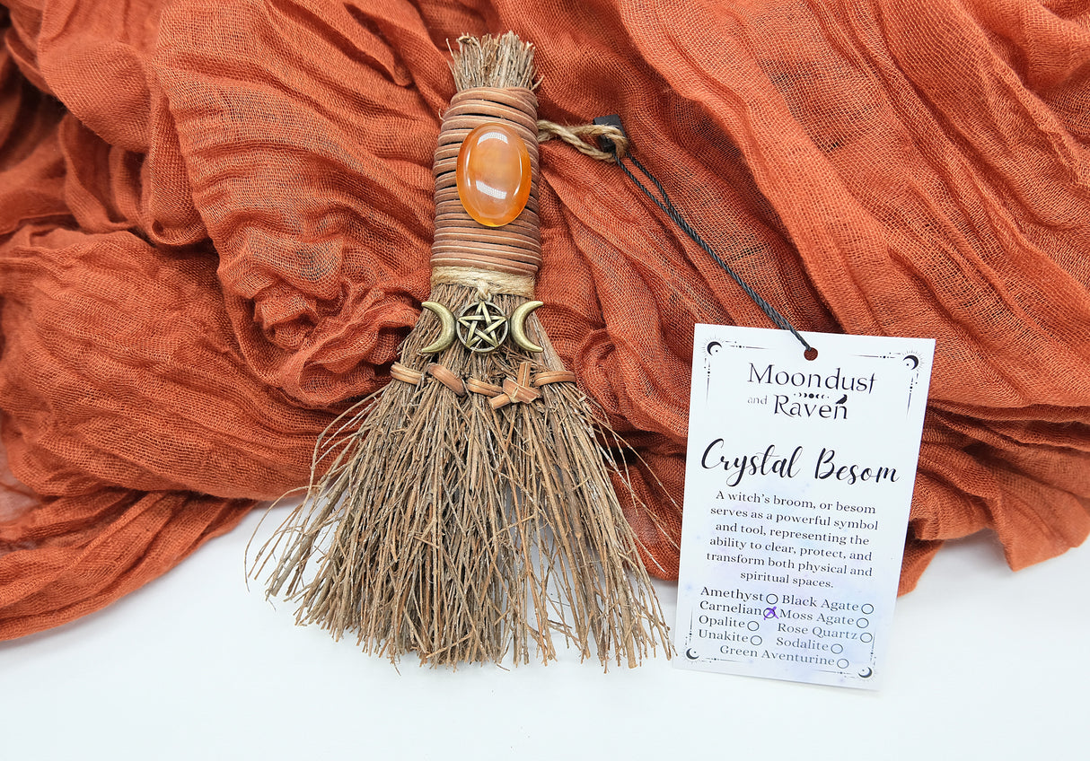 Crystal Witch Broom Besom, Moon Goddess Or Triple Moon Pentacle