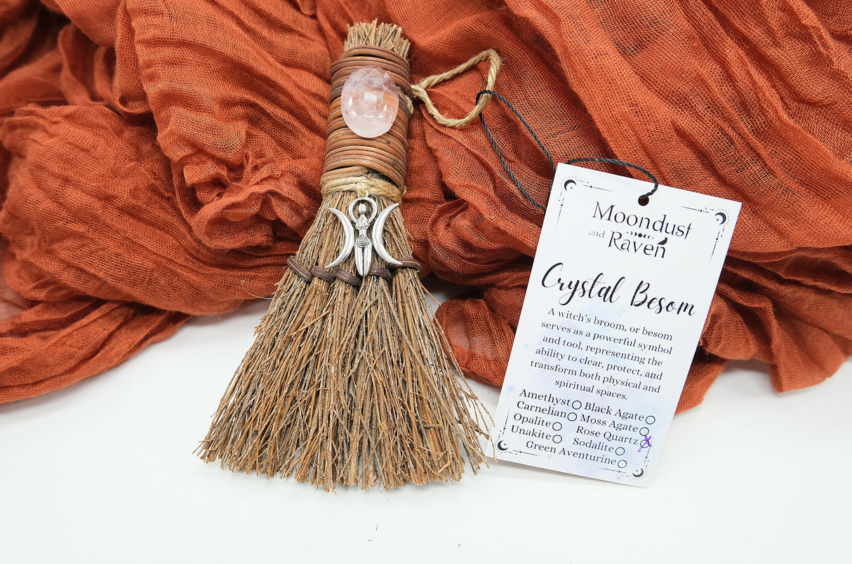 Crystal Witch Broom Besom, Moon Goddess Or Triple Moon Pentacle
