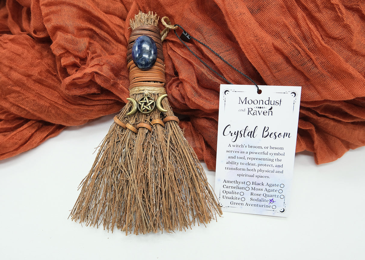 Crystal Witch Broom Besom, Moon Goddess Or Triple Moon Pentacle