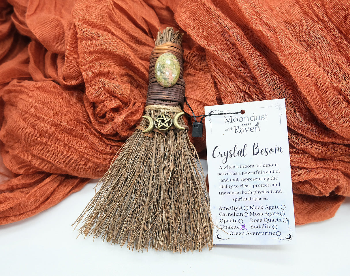 Crystal Witch Broom Besom, Moon Goddess Or Triple Moon Pentacle
