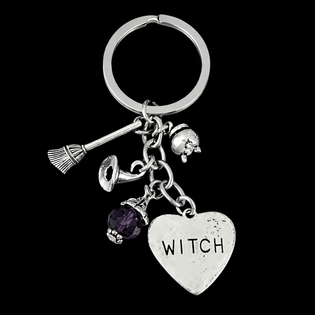 Silver Witch Heart Keychain with Broomstick, Cauldron And Hat