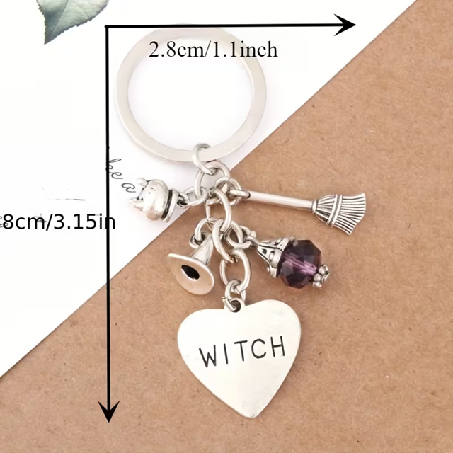 Silver Witch Heart Keychain with Broomstick, Cauldron And Hat