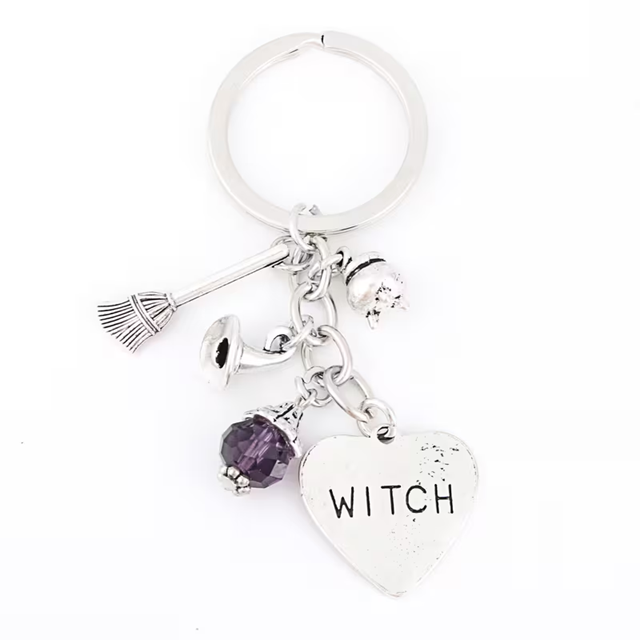 Silver Witch Heart Keychain with Broomstick, Cauldron And Hat