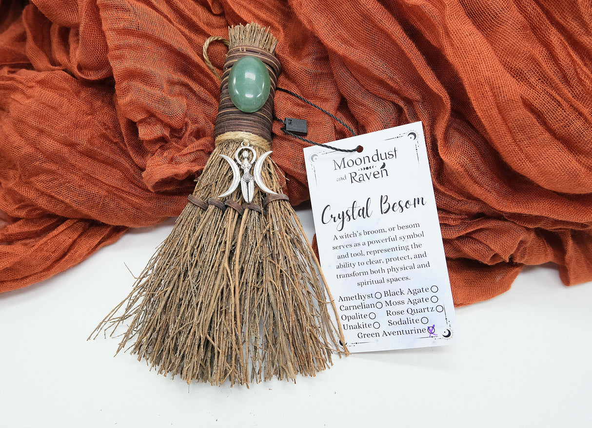 Crystal Witch Broom Besom, Moon Goddess Or Triple Moon Pentacle