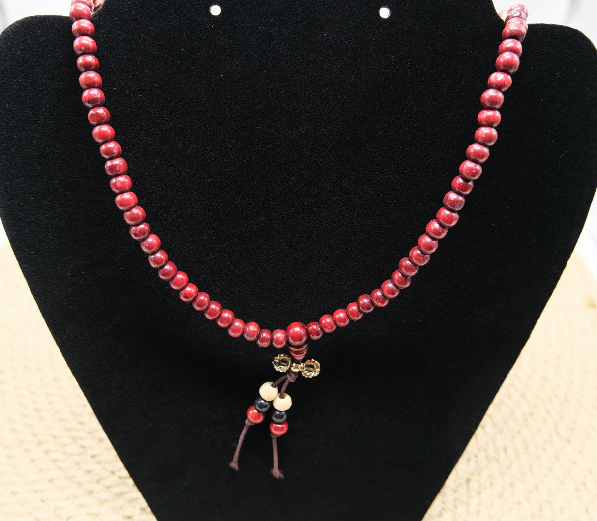 Wood Mala Bead 5mm Necklace Red and White | Mala Bead Bracelet