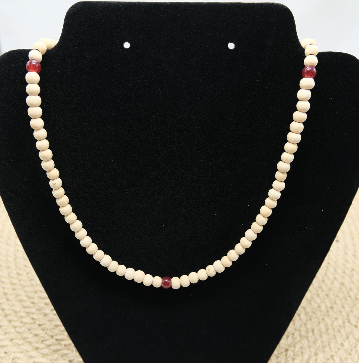 Wood Mala Bead 5mm Necklace White and Red | Mala Bead Bracelet