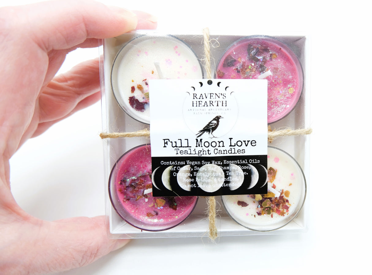 Full Moon Love Scented Tealight Candles | Essential Oils of Cedar, Sage, Nag Champa, Rose, Eucalyptus, Orange, and Tea Tree | Vegan | Soy Candles