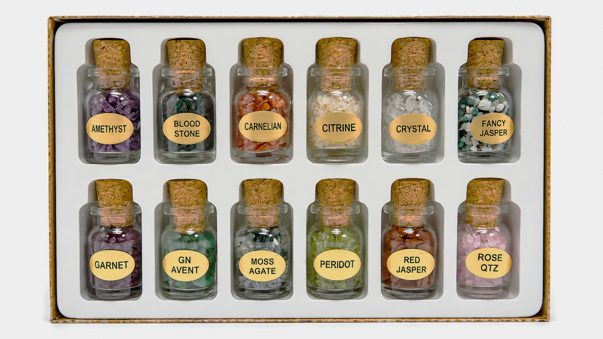 12 Gemstone Crystal Chip Bottles Set | crystal chip bottle set