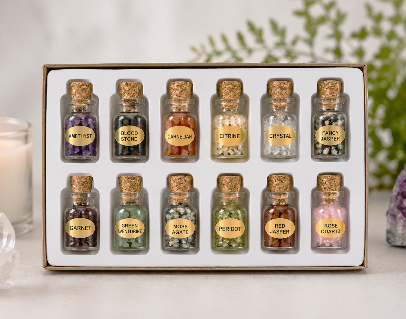 12 Gemstone Crystal Chip Bottles Set | crystal chip bottle set