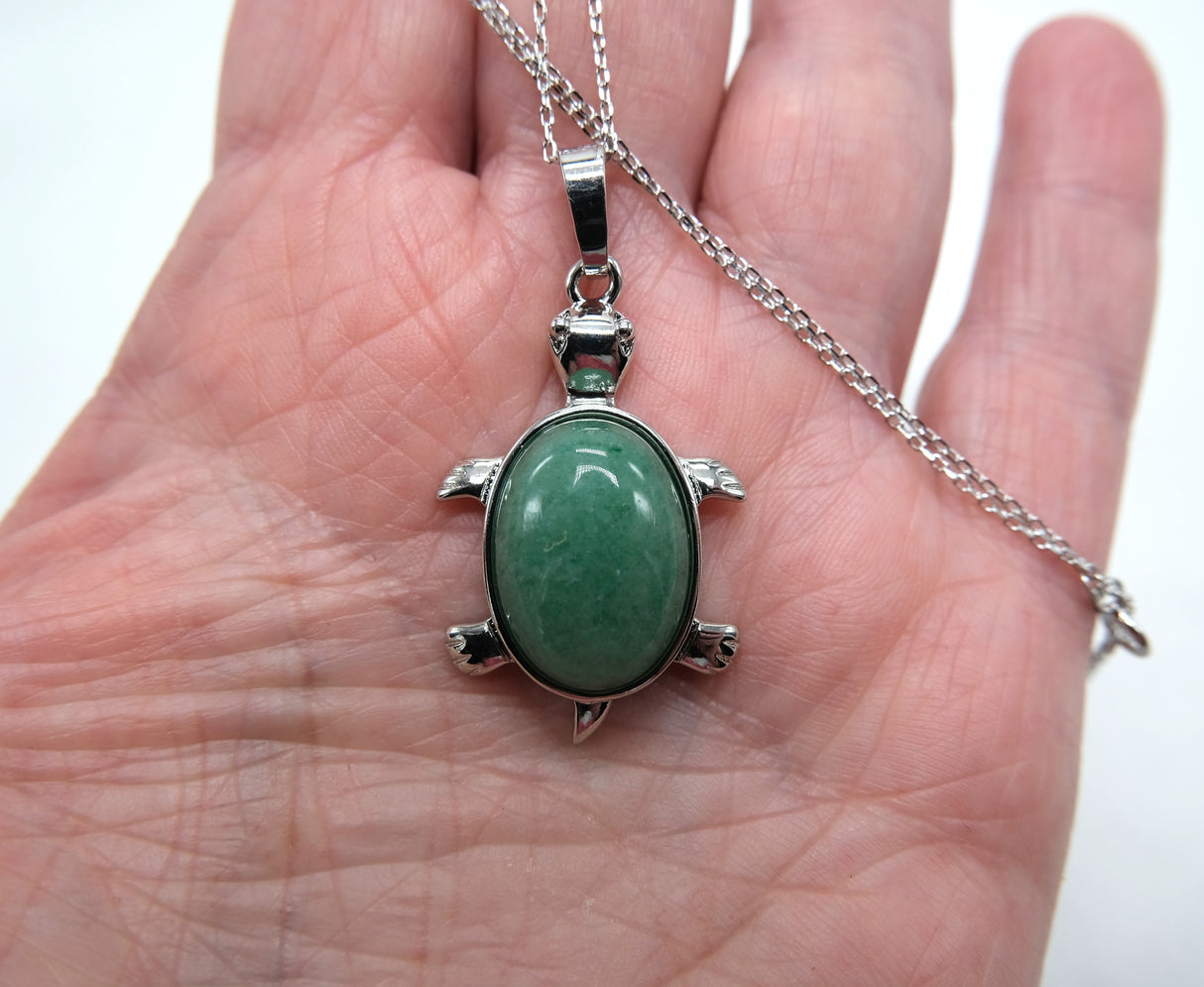 Green Aventurine Turtle Pendant 16 Inch Rhodium Plated Necklace