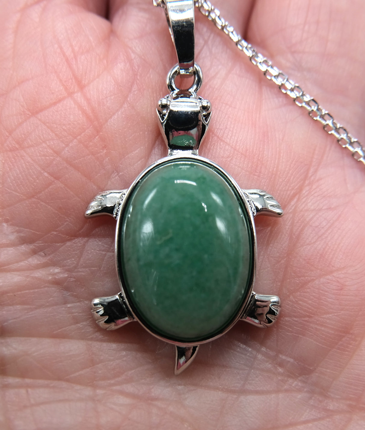 Green Aventurine Turtle Pendant 16 Inch Rhodium Plated Necklace