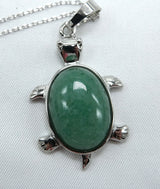 Green Aventurine Turtle Pendant 16 Inch Rhodium Plated Necklace