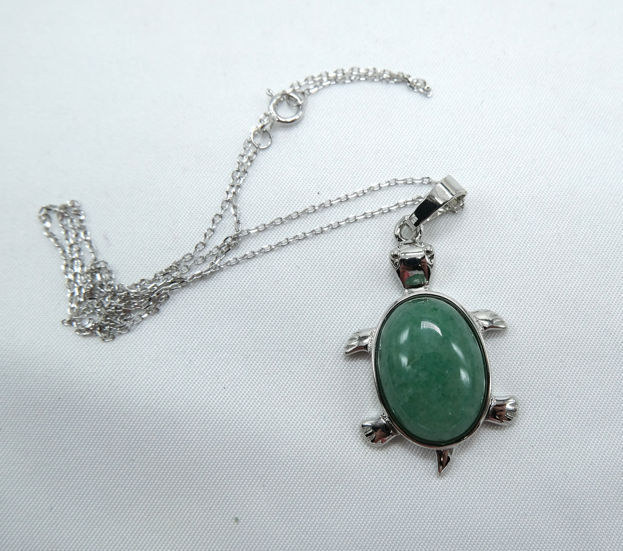 Green Aventurine Turtle Pendant 16 Inch Rhodium Plated Necklace