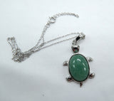 Green Aventurine Turtle Pendant 16 Inch Rhodium Plated Necklace