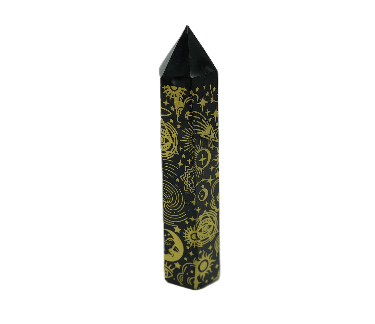 Black Obsidian Etched Obelisk Wand | Celestial or Chakra Crystal Tower