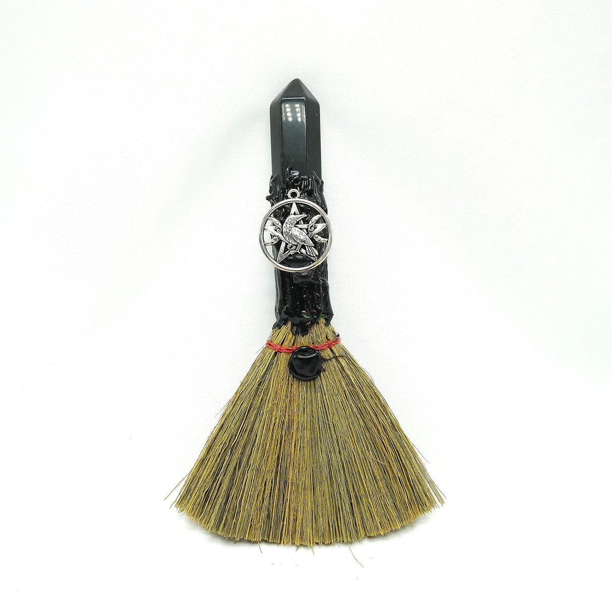 Crystal Witch Broom Besom, Obsidian with Crow Or Jasper with Dreamcatcher