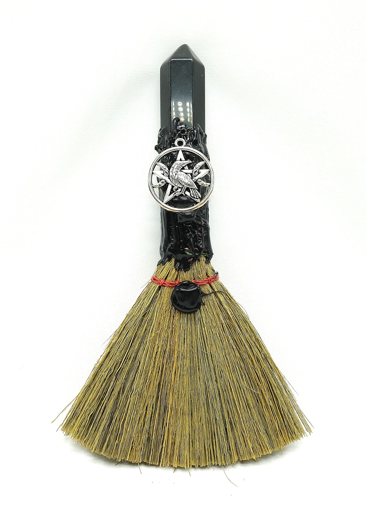 Crystal Witch Broom Besom, Obsidian with Crow Or Jasper with Dreamcatcher