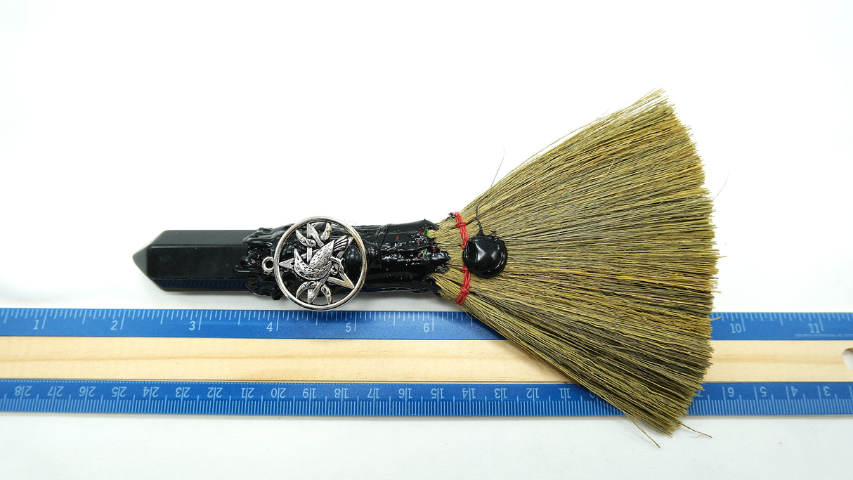Crystal Witch Broom Besom, Obsidian with Crow Or Jasper with Dreamcatcher