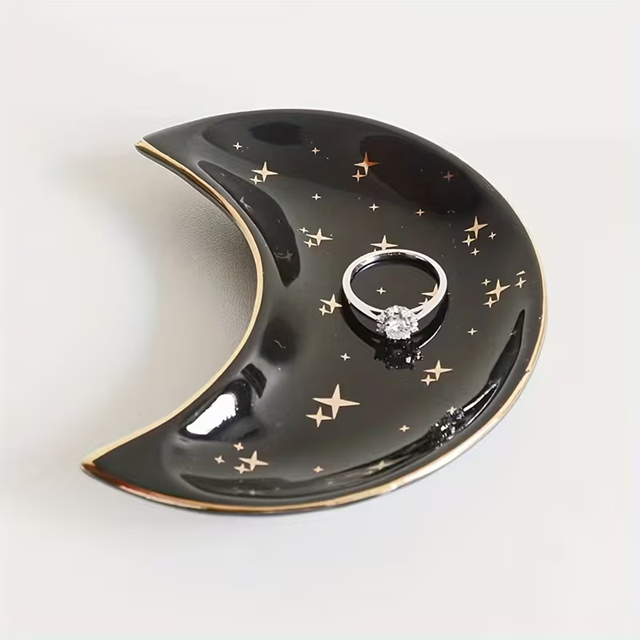 Blue Or Black Ceramic Crescent Moon And Stars Jewelry Tray Dish