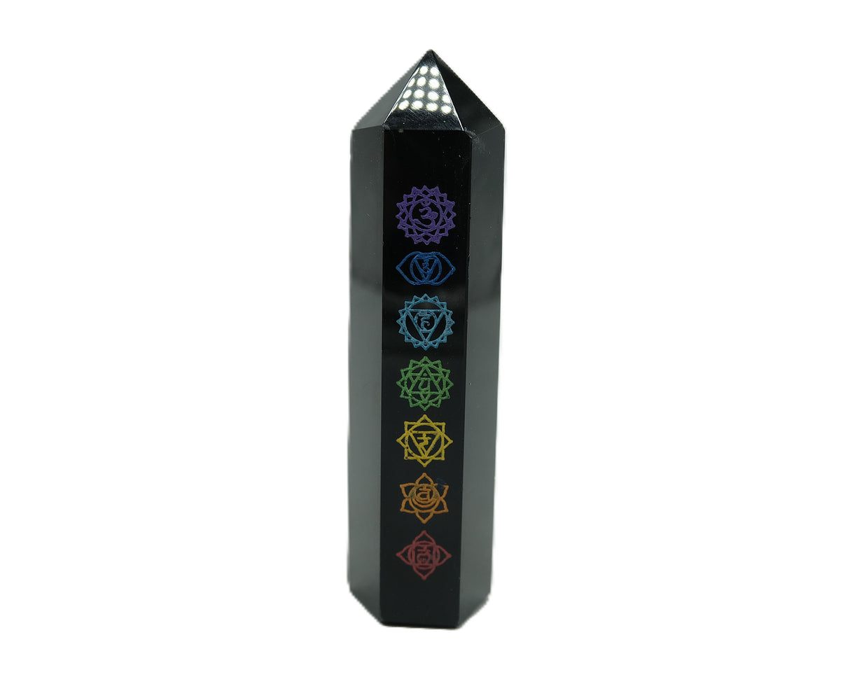 Black Obsidian Etched Obelisk Wand | Celestial or Chakra Crystal Tower